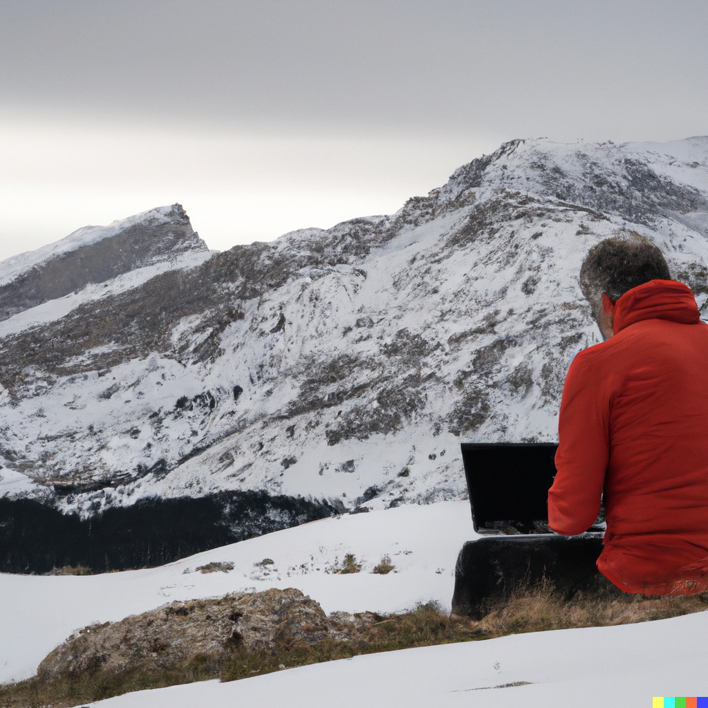 DALL·E 2022-10-11 14.45.21 – a photo of a person working on a laptop with snowy mountains in the background. with the person with his back to me